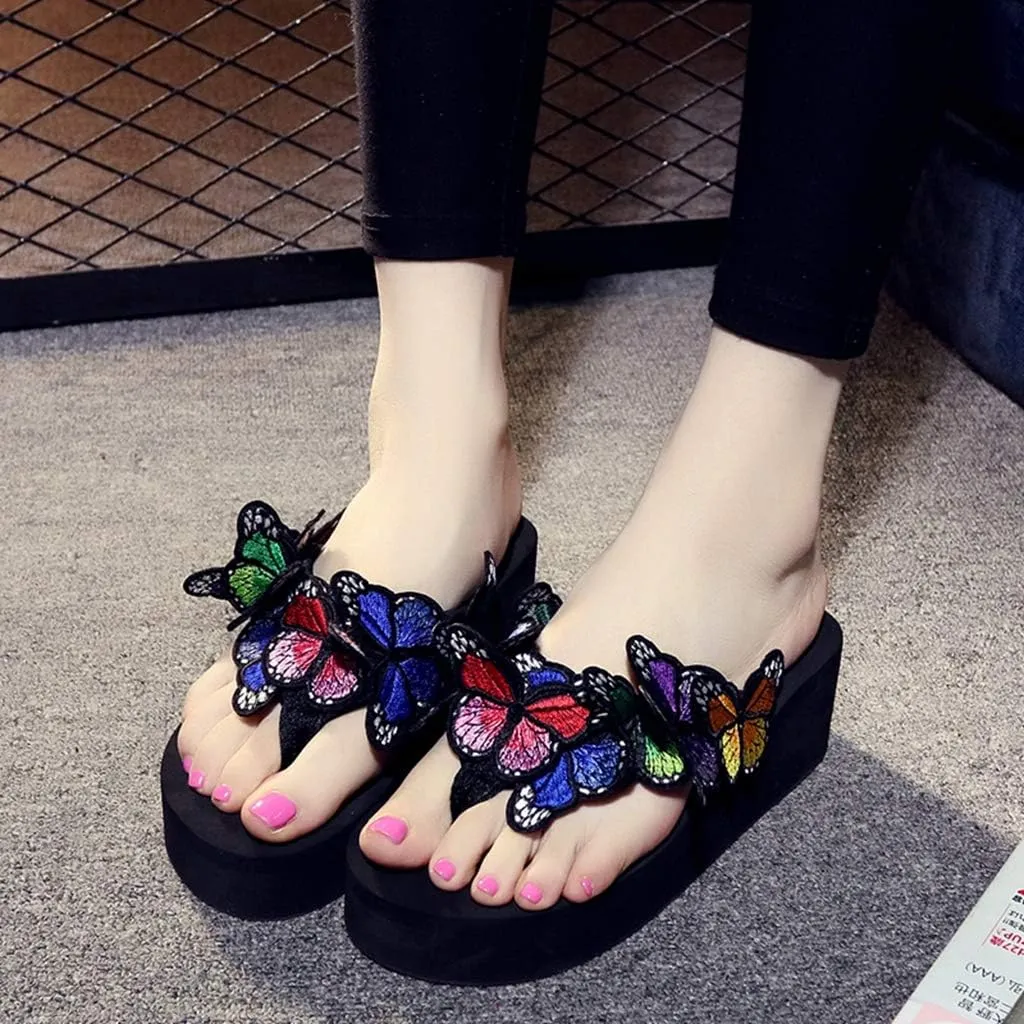 MIOKE Womens Summer Beach Platform Flip Flops Bohemian Butterfly High Heel Anti-Slip Thong Wedge Sandals