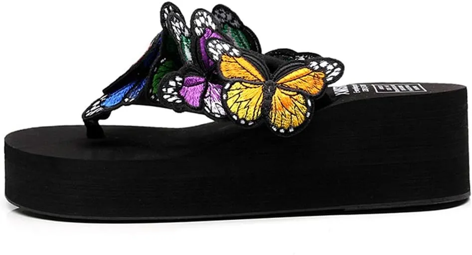 MIOKE Womens Summer Beach Platform Flip Flops Bohemian Butterfly High Heel Anti-Slip Thong Wedge Sandals