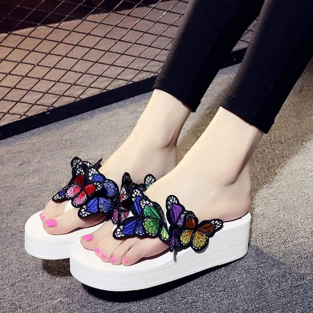 MIOKE Womens Summer Beach Platform Flip Flops Bohemian Butterfly High Heel Anti-Slip Thong Wedge Sandals