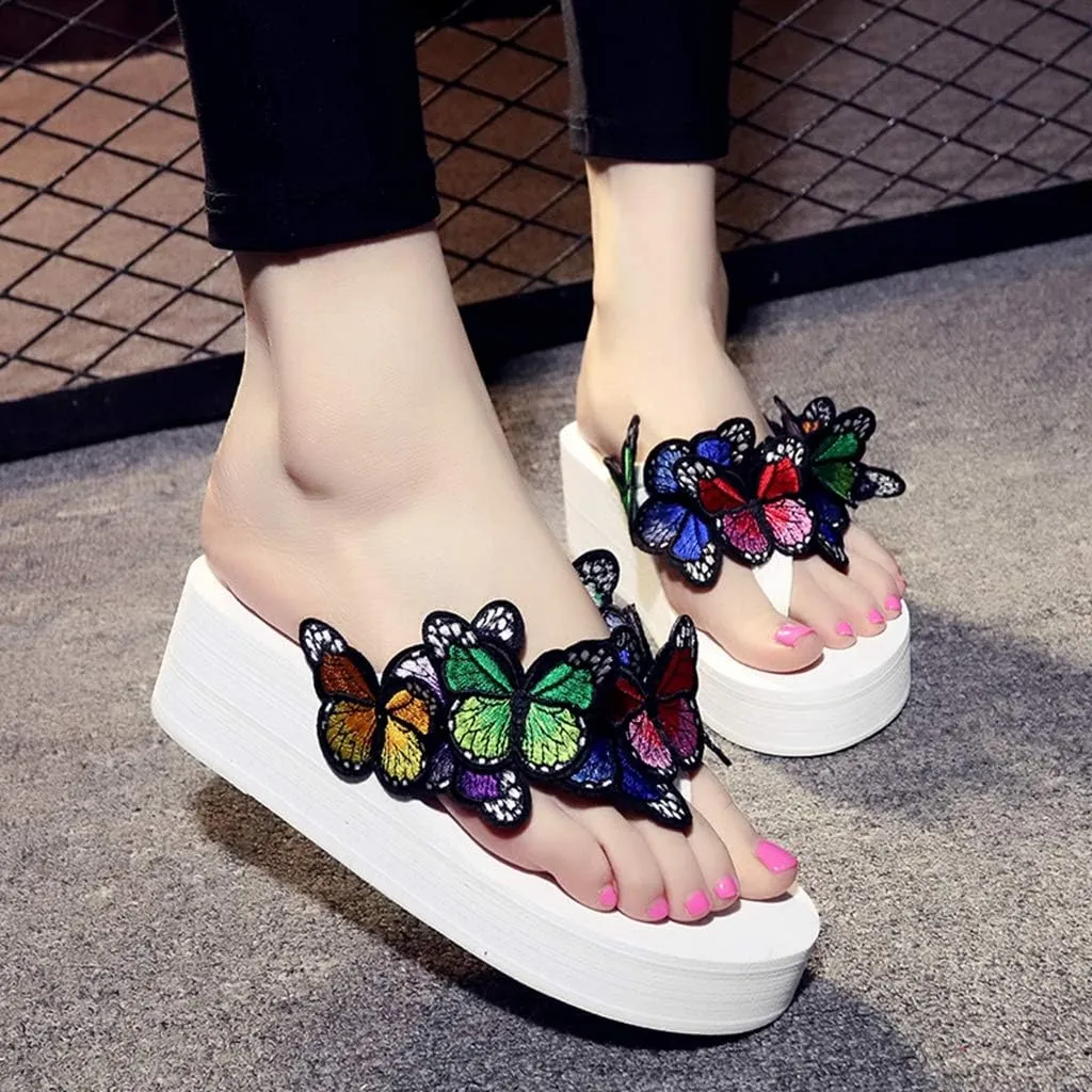 MIOKE Womens Summer Beach Platform Flip Flops Bohemian Butterfly High Heel Anti-Slip Thong Wedge Sandals