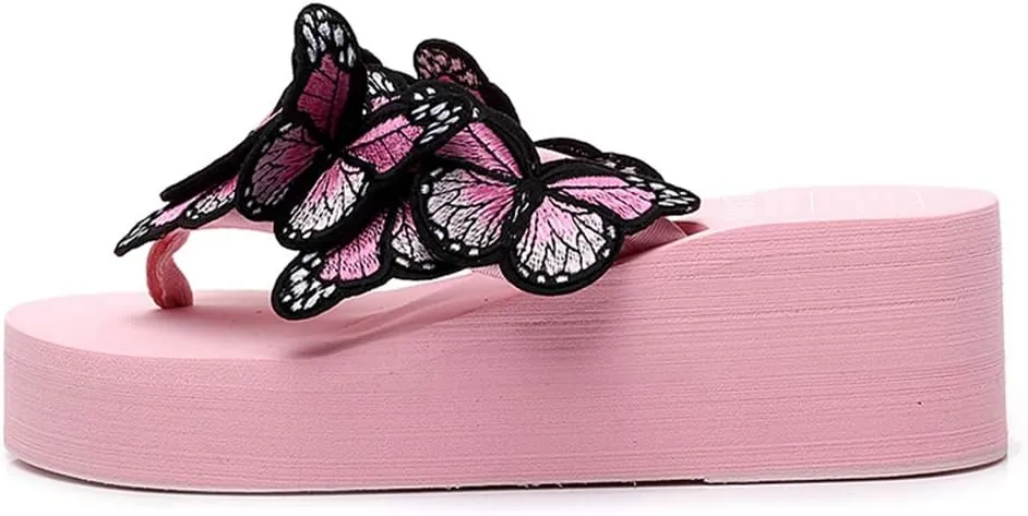 MIOKE Womens Summer Beach Platform Flip Flops Bohemian Butterfly High Heel Anti-Slip Thong Wedge Sandals