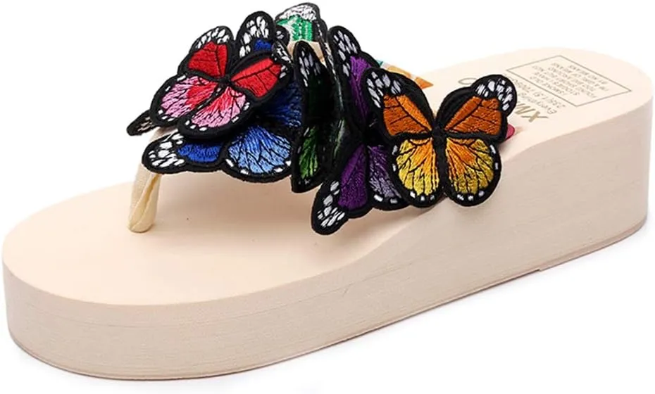 MIOKE Womens Summer Beach Platform Flip Flops Bohemian Butterfly High Heel Anti-Slip Thong Wedge Sandals