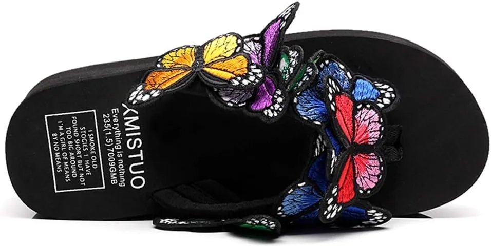 MIOKE Womens Summer Beach Platform Flip Flops Bohemian Butterfly High Heel Anti-Slip Thong Wedge Sandals