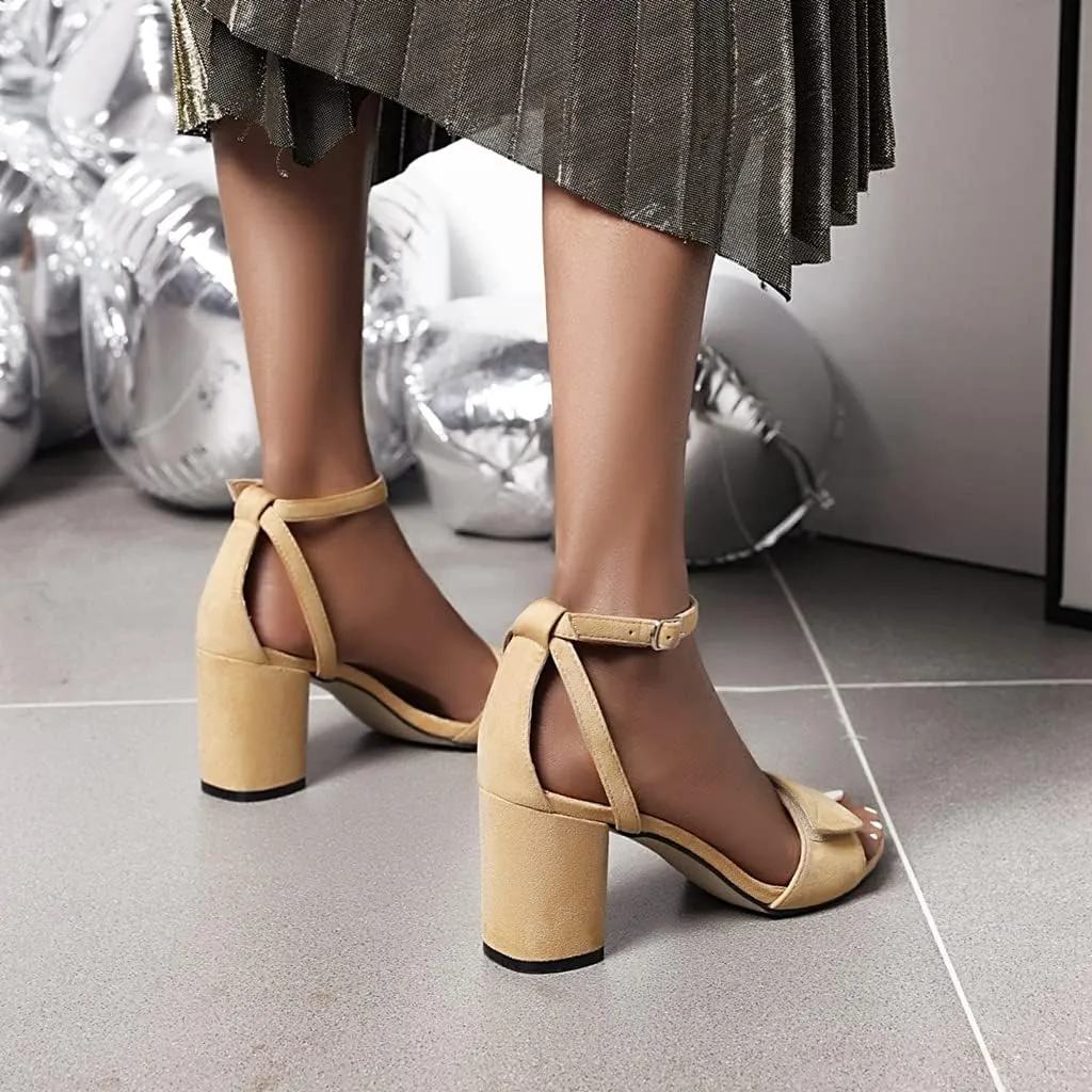 MIOKE Women's Sweet Bow Block High Heel Sandals Open Toe Single Band Ankle Strap Chunky Dress Heeled Sandal