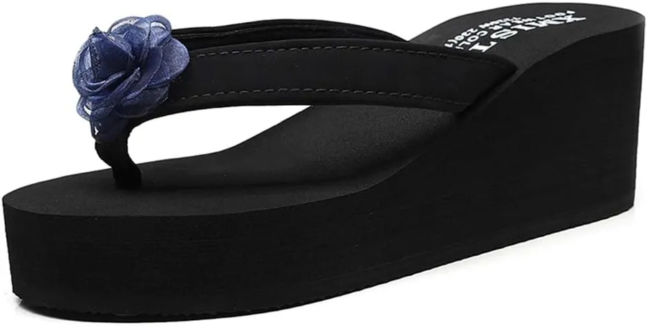 MIOKE Women's Wedge High Heel Flipflops Sandals Boho Flower Anti-Slip Platform Summer Beach Thong Sandals