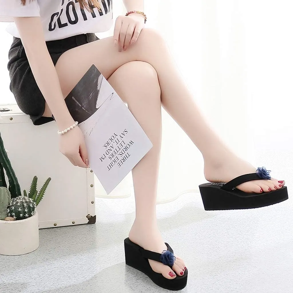 MIOKE Women's Wedge High Heel Flipflops Sandals Boho Flower Anti-Slip Platform Summer Beach Thong Sandals