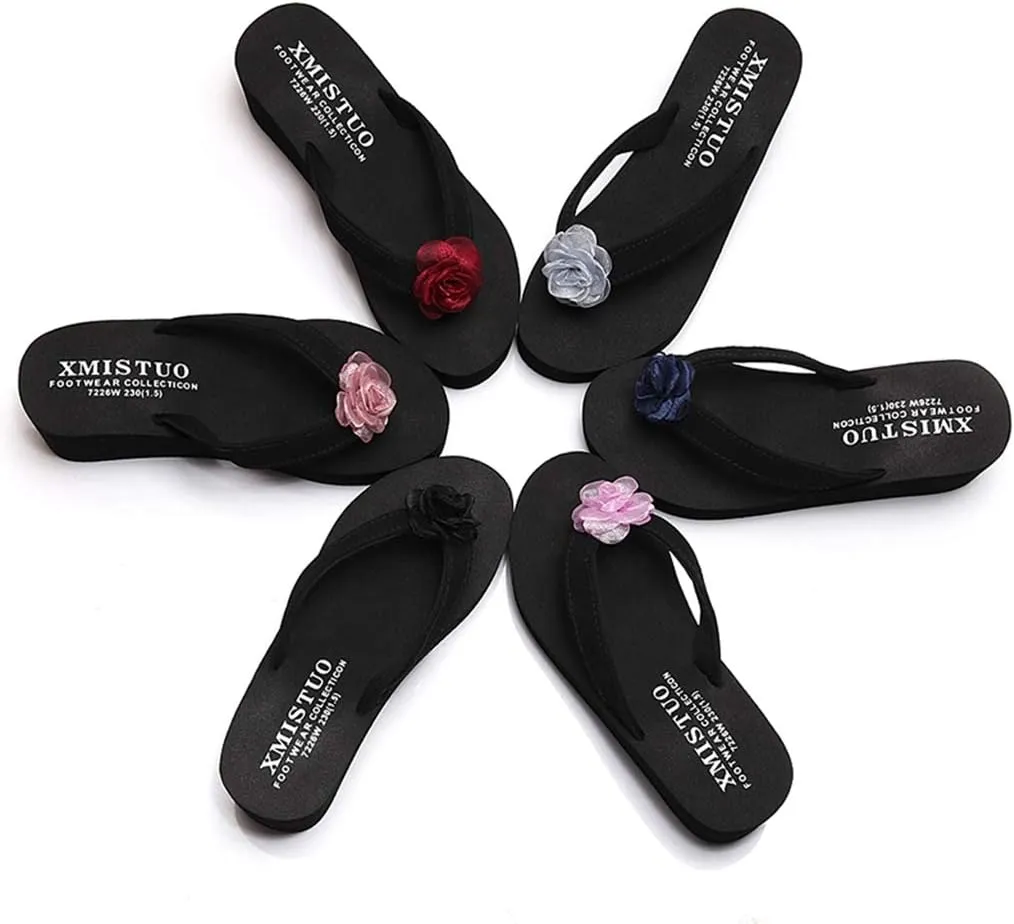 MIOKE Women's Wedge High Heel Flipflops Sandals Boho Flower Anti-Slip Platform Summer Beach Thong Sandals