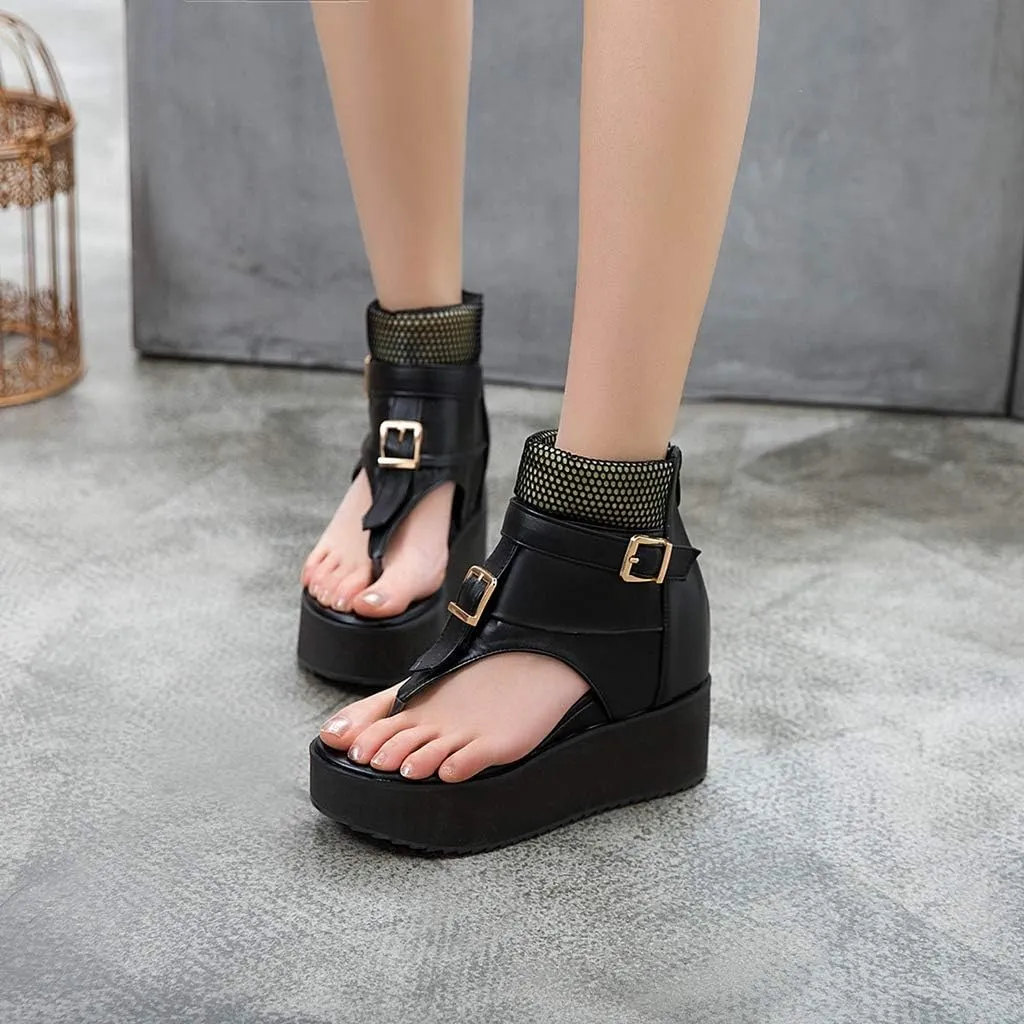 MIOKE Women's Wedge Platform Sandals Booties Summer Comfort Zipper Chunky Hidden Heel Flip Flops Sandal