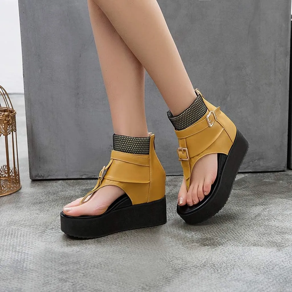 MIOKE Women's Wedge Platform Sandals Booties Summer Comfort Zipper Chunky Hidden Heel Flip Flops Sandal