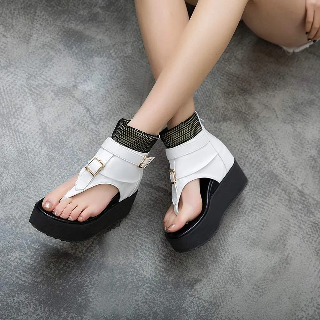 MIOKE Women's Wedge Platform Sandals Booties Summer Comfort Zipper Chunky Hidden Heel Flip Flops Sandal