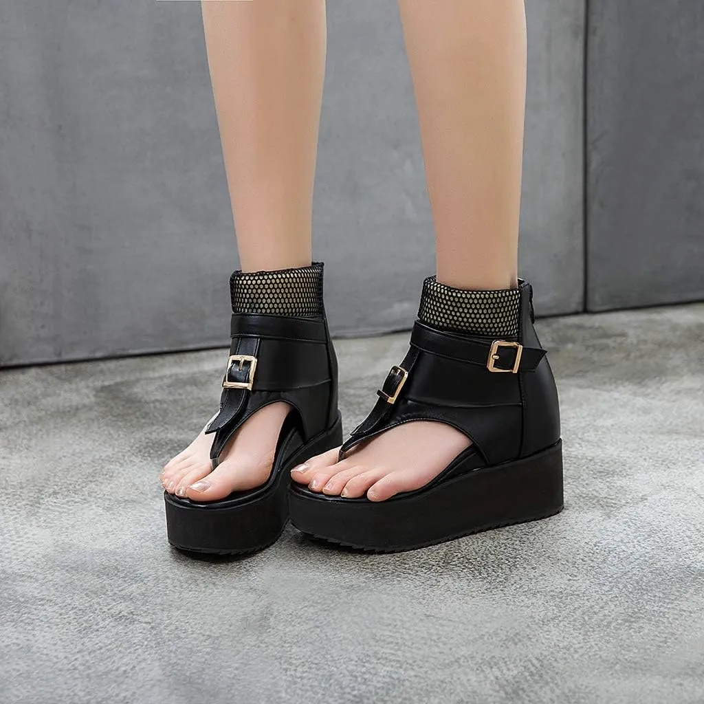 MIOKE Women's Wedge Platform Sandals Booties Summer Comfort Zipper Chunky Hidden Heel Flip Flops Sandal