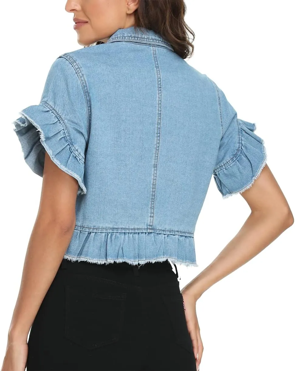 MISS MOLY Women's Denim Jacket Ruffle Sleeve Button Down Distressed Summer Cropped Jean Jackets