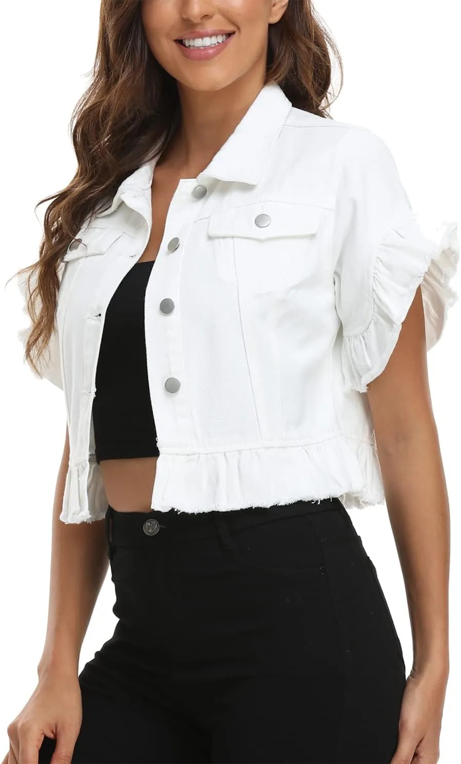 MISS MOLY Women's Denim Jacket Ruffle Sleeve Button Down Distressed Summer Cropped Jean Jackets