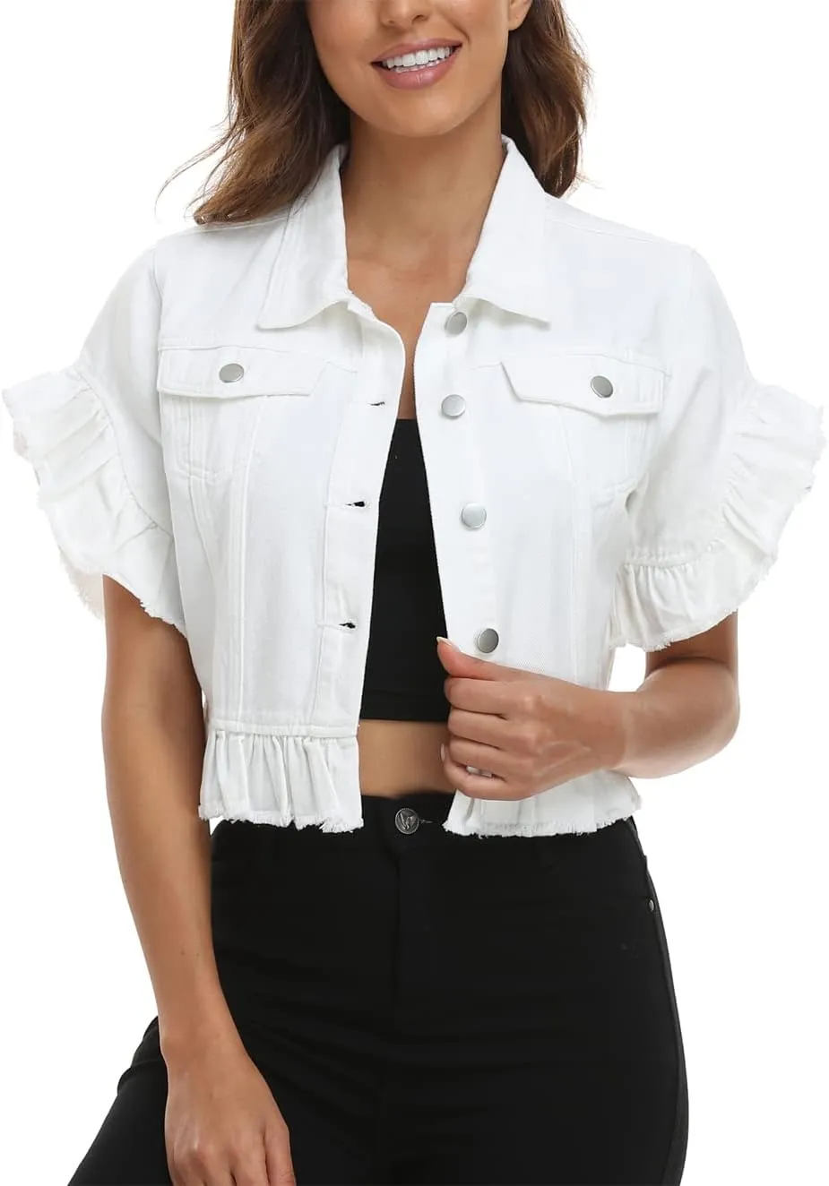 MISS MOLY Women's Denim Jacket Ruffle Sleeve Button Down Distressed Summer Cropped Jean Jackets