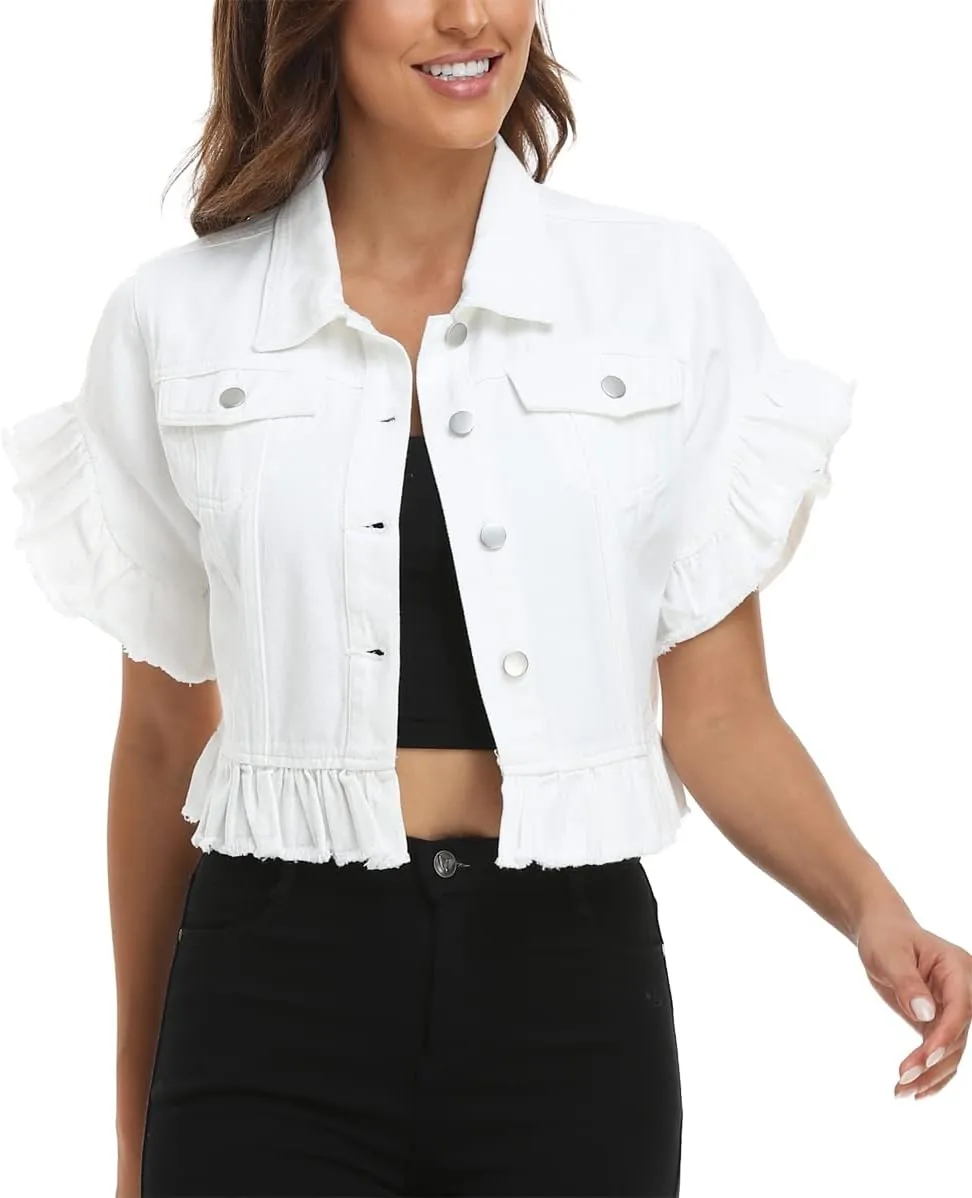 MISS MOLY Women's Denim Jacket Ruffle Sleeve Button Down Distressed Summer Cropped Jean Jackets