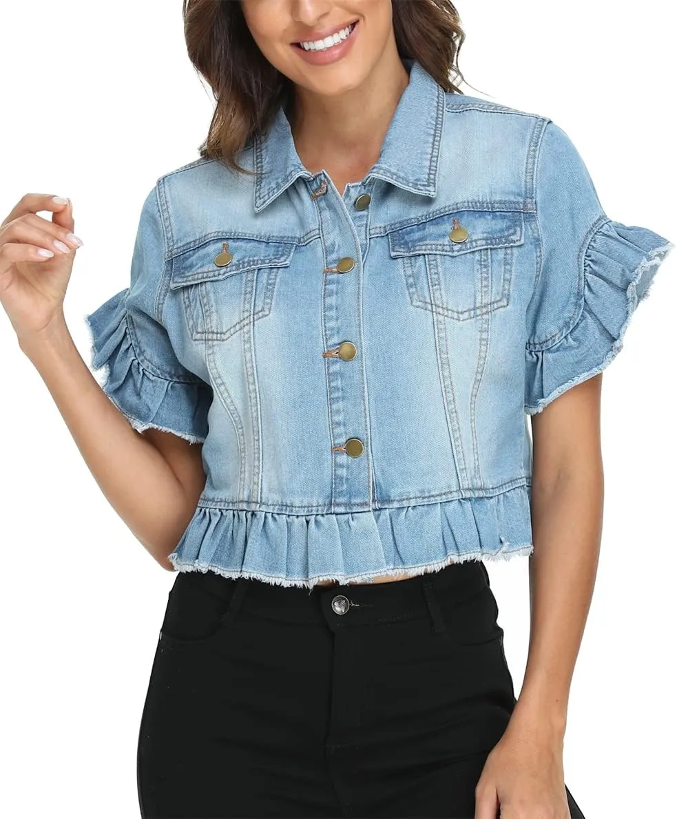 MISS MOLY Women's Denim Jacket Ruffle Sleeve Button Down Distressed Summer Cropped Jean Jackets