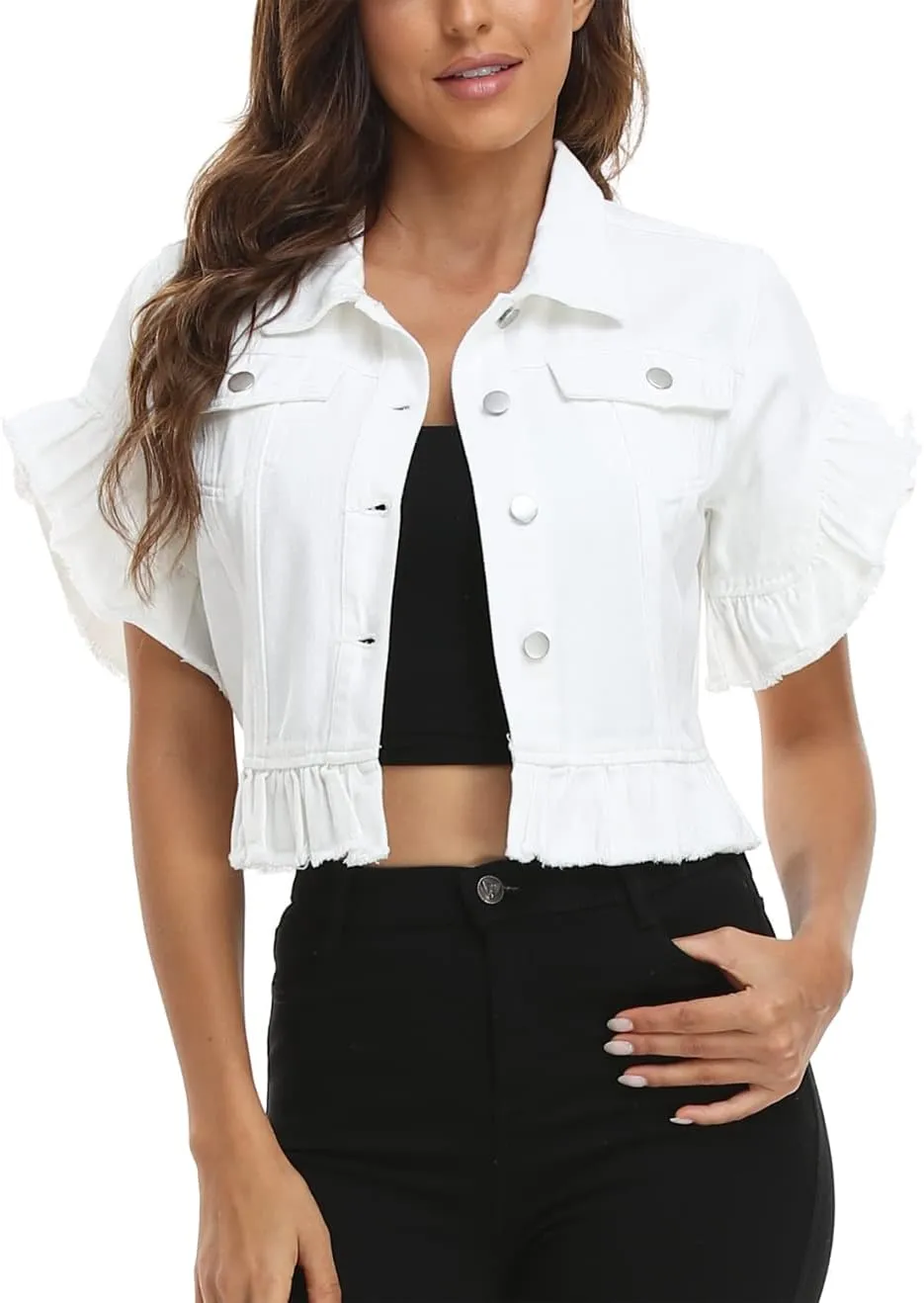 MISS MOLY Women's Denim Jacket Ruffle Sleeve Button Down Distressed Summer Cropped Jean Jackets