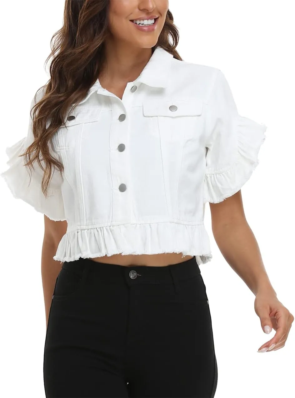 MISS MOLY Women's Denim Jacket Ruffle Sleeve Button Down Distressed Summer Cropped Jean Jackets