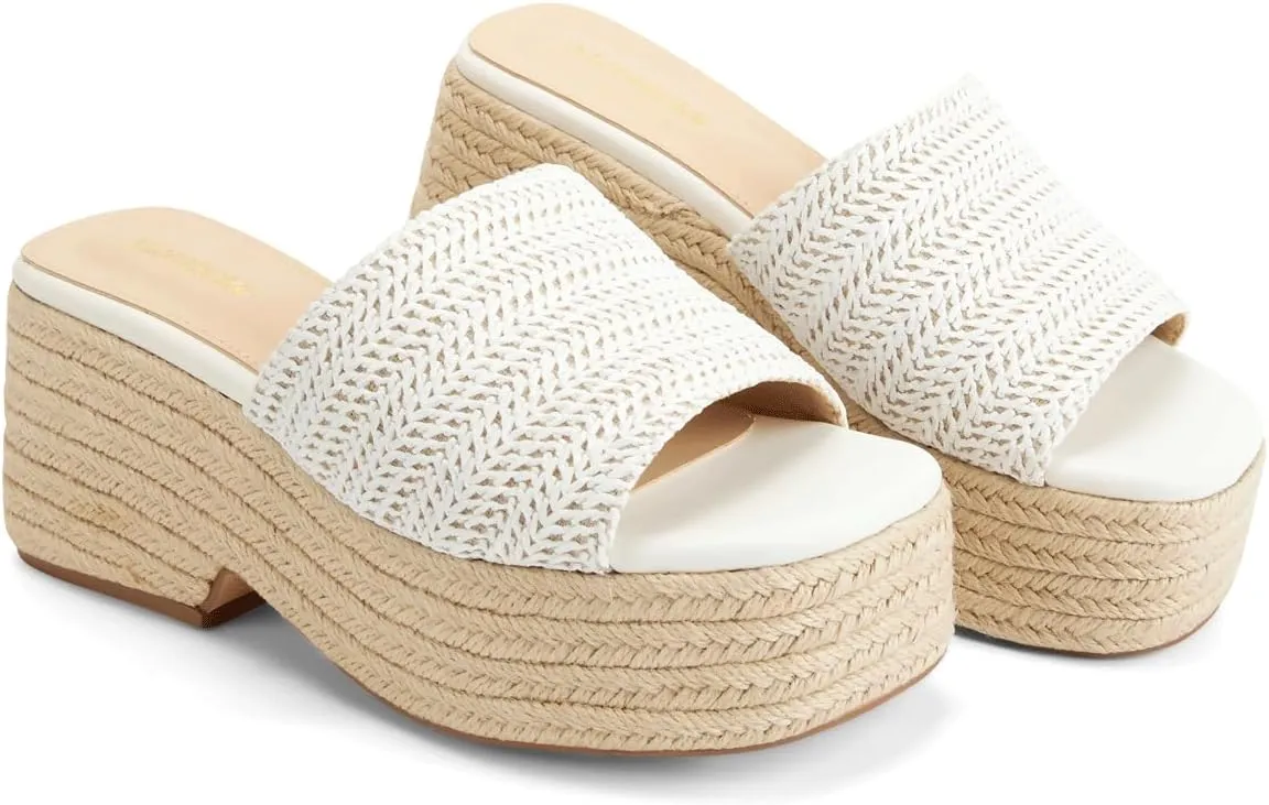 Monrovia Platform Sandals for Women, Wedge Espadrille Slides with Raffia Straw, Comfortable Brown Summer Sandals for Beach, Walking, Camping, Vacation