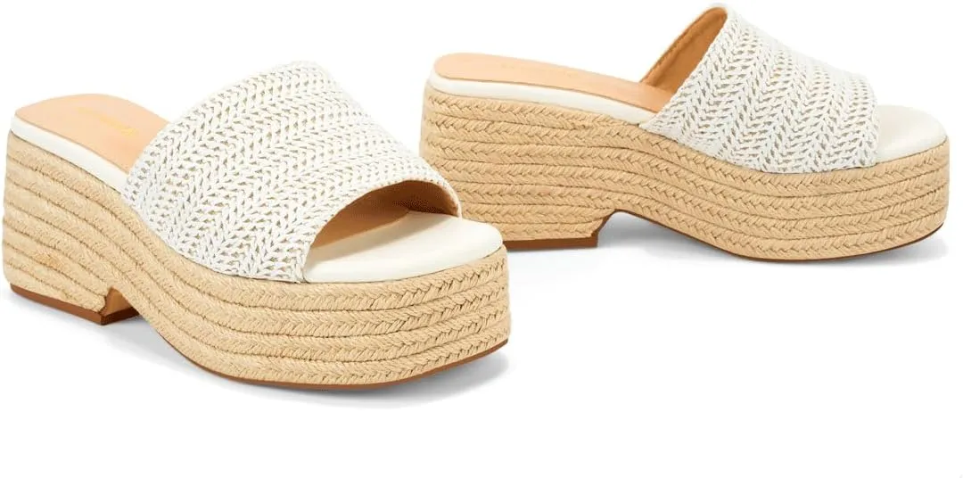 Monrovia Platform Sandals for Women, Wedge Espadrille Slides with Raffia Straw, Comfortable Brown Summer Sandals for Beach, Walking, Camping, Vacation