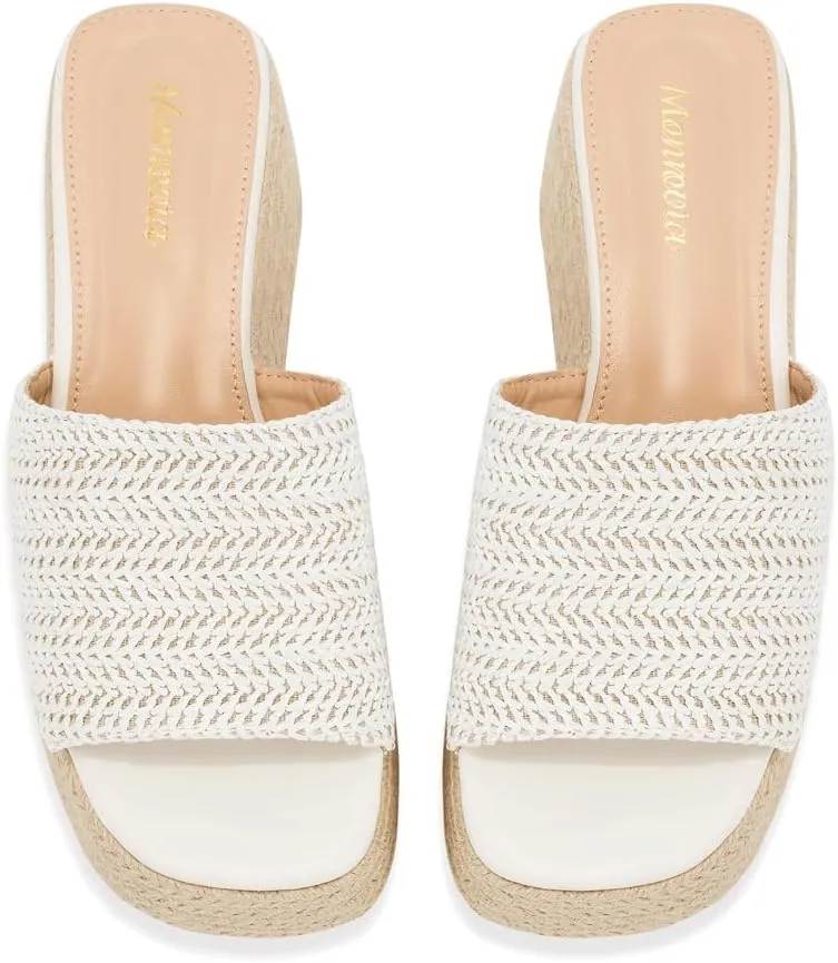Monrovia Platform Sandals for Women, Wedge Espadrille Slides with Raffia Straw, Comfortable Brown Summer Sandals for Beach, Walking, Camping, Vacation