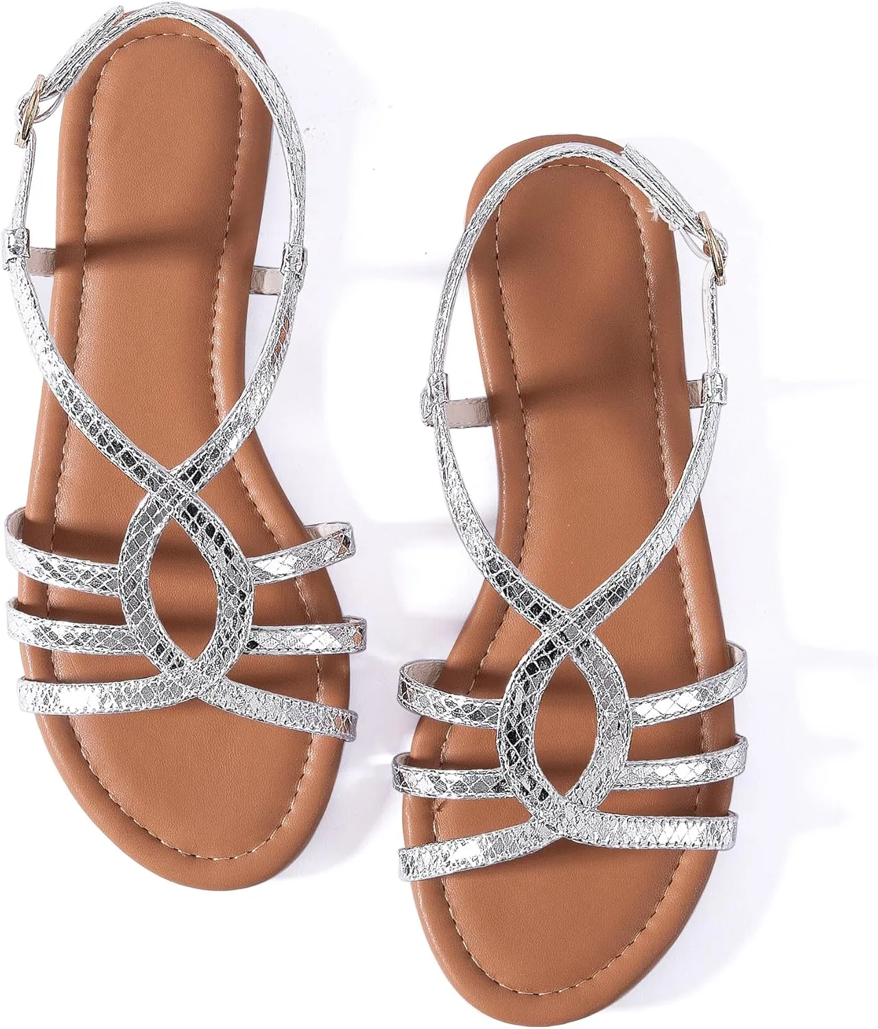 Mtzyoa Women Strappy Flat Sandals Gladiator Dressy Ankle Strap Summer Vacation Comfort Leather Ladies Casual Party Trendy