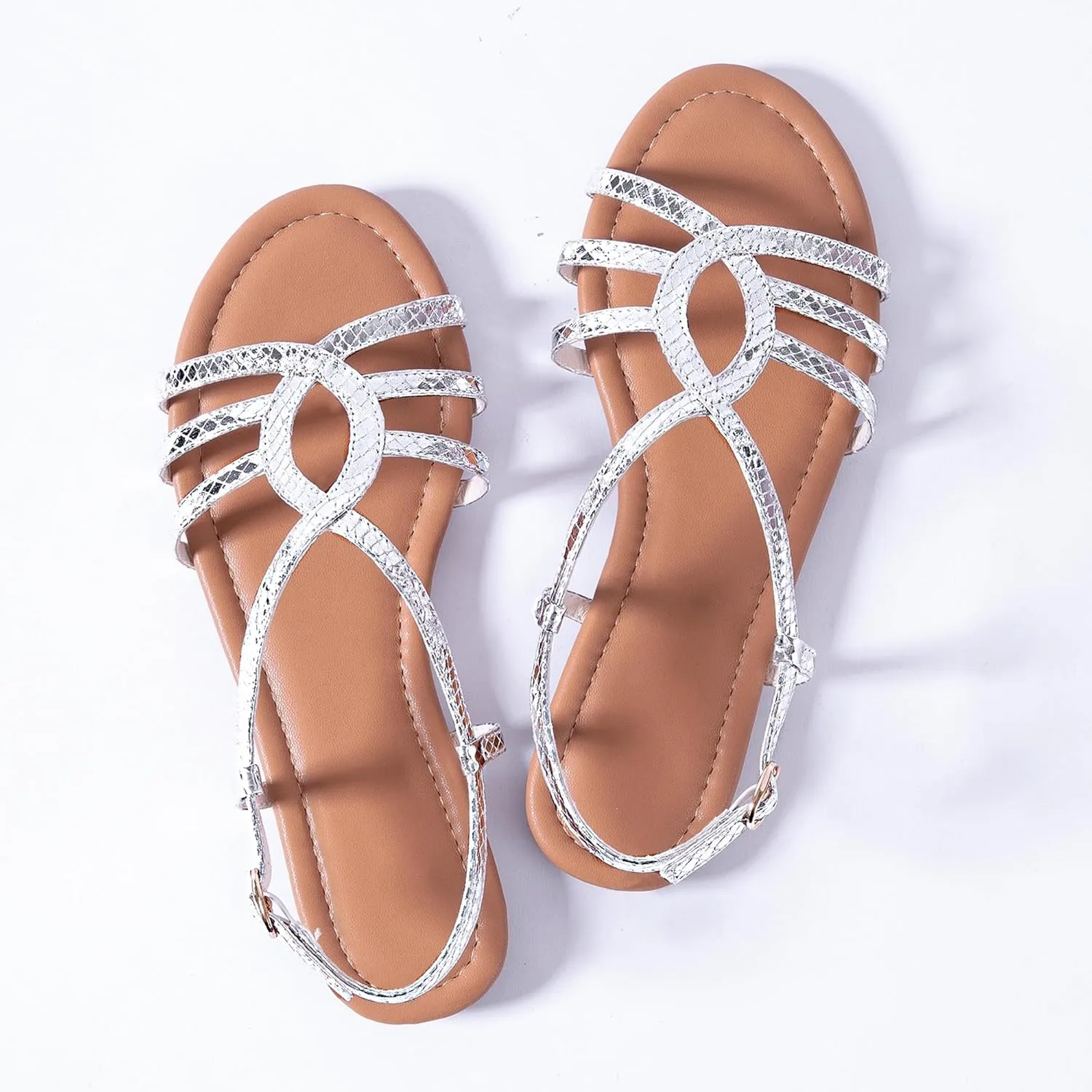 Mtzyoa Women Strappy Flat Sandals Gladiator Dressy Ankle Strap Summer Vacation Comfort Leather Ladies Casual Party Trendy