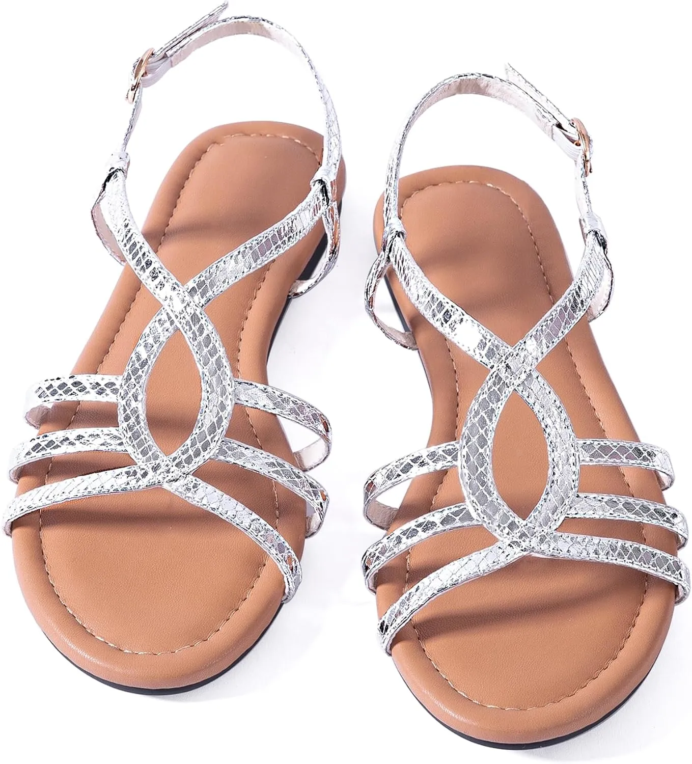 Mtzyoa Women Strappy Flat Sandals Gladiator Dressy Ankle Strap Summer Vacation Comfort Leather Ladies Casual Party Trendy