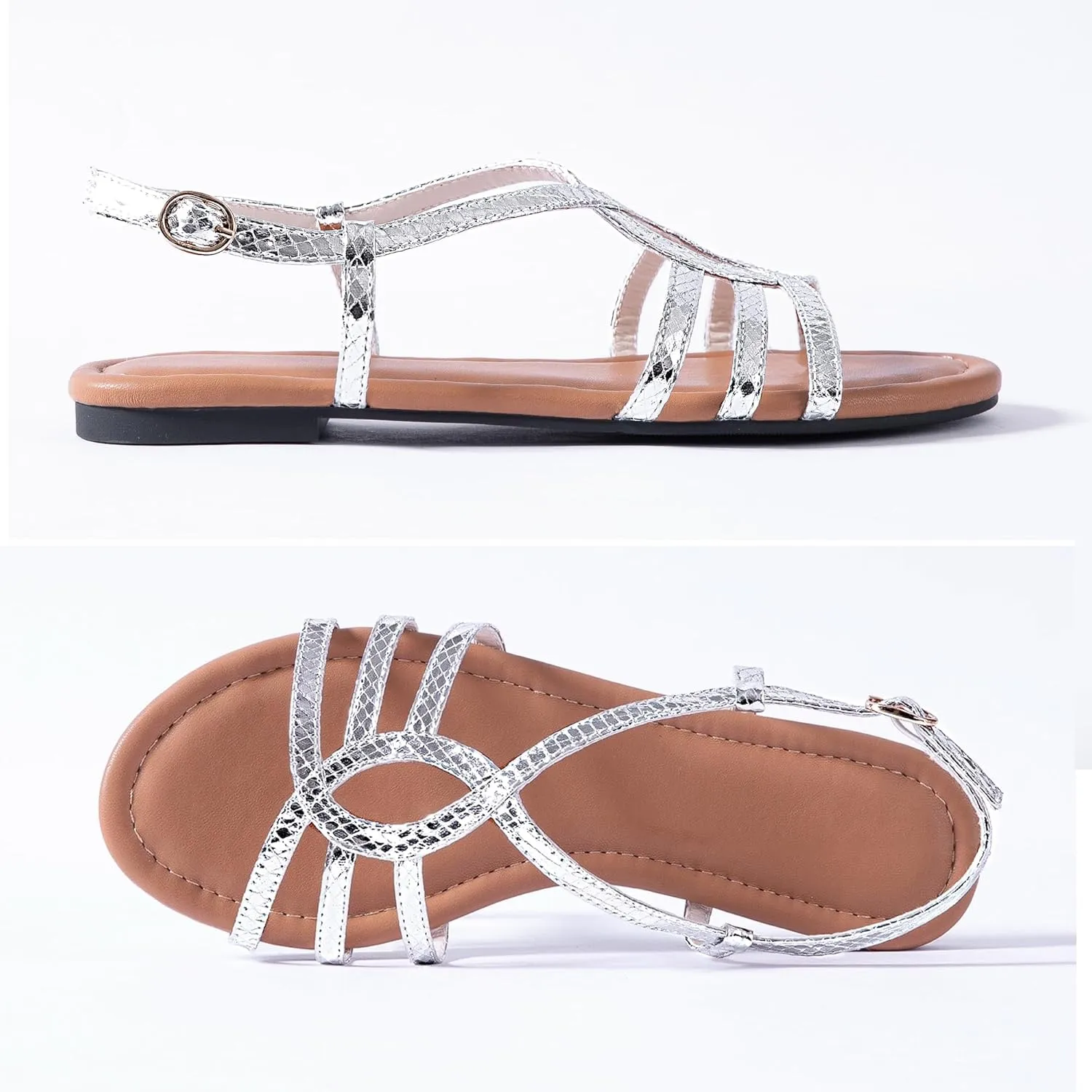 Mtzyoa Women Strappy Flat Sandals Gladiator Dressy Ankle Strap Summer Vacation Comfort Leather Ladies Casual Party Trendy