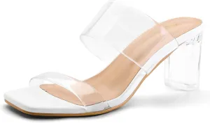 mysoft Clear Heels for Women Transparent Two Strap Block Chunky Square Heel Sandals Open Toe Slip On Sandals