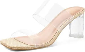 mysoft Clear Heels for Women Transparent Two Strap Block Chunky Square Heel Sandals Open Toe Slip On Sandals