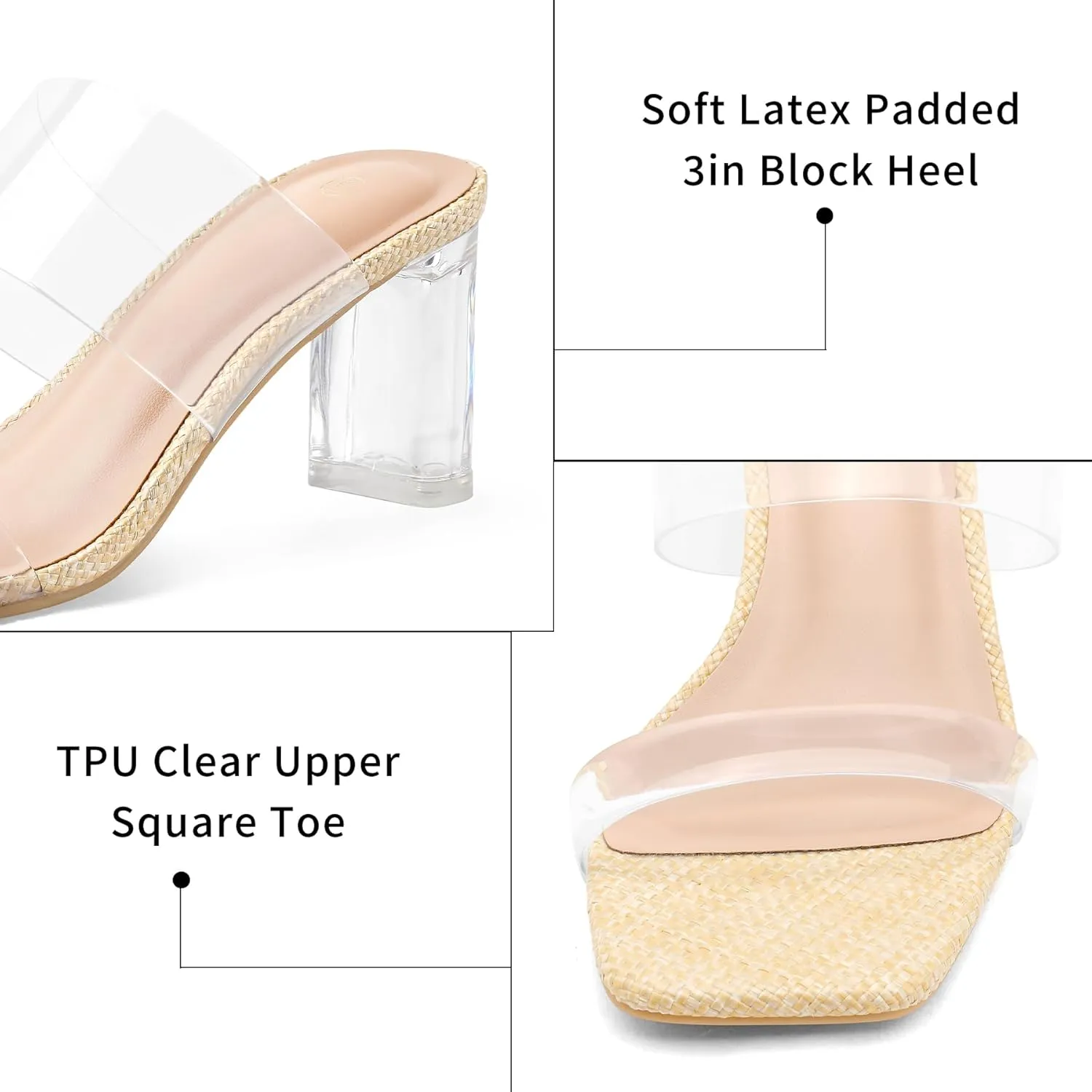 mysoft Clear Heels for Women Transparent Two Strap Block Chunky Square Heel Sandals Open Toe Slip On Sandals