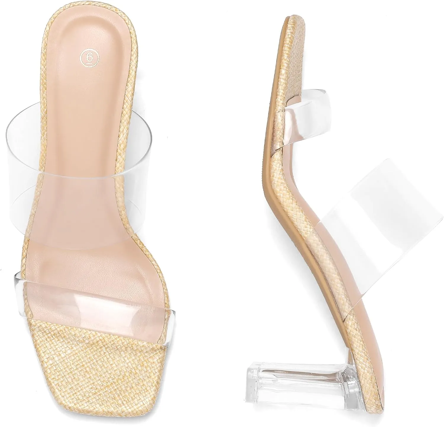 mysoft Clear Heels for Women Transparent Two Strap Block Chunky Square Heel Sandals Open Toe Slip On Sandals