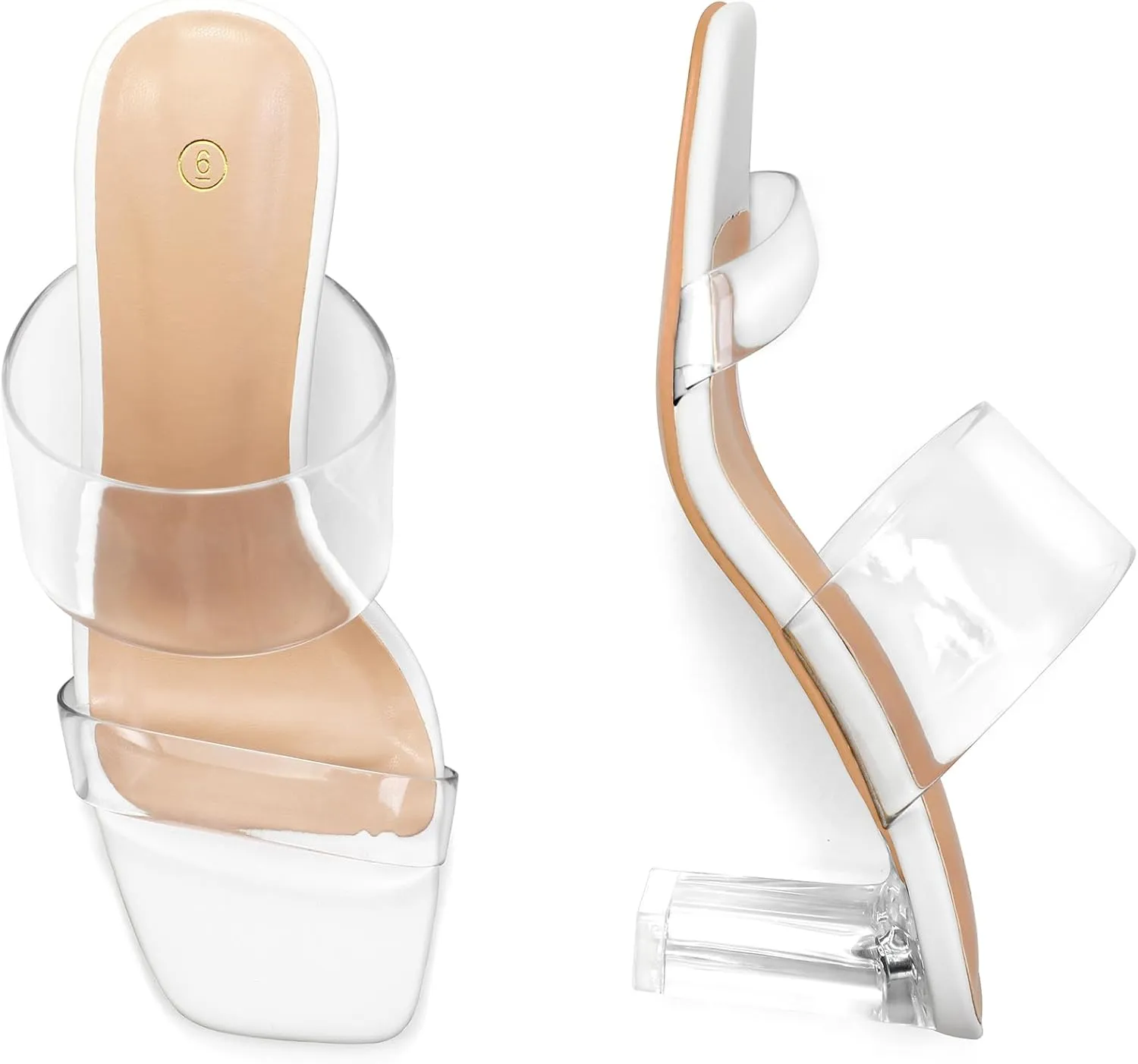 mysoft Clear Heels for Women Transparent Two Strap Block Chunky Square Heel Sandals Open Toe Slip On Sandals