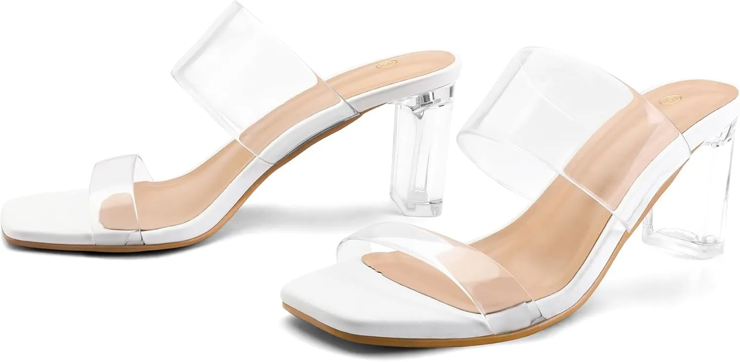 mysoft Clear Heels for Women Transparent Two Strap Block Chunky Square Heel Sandals Open Toe Slip On Sandals
