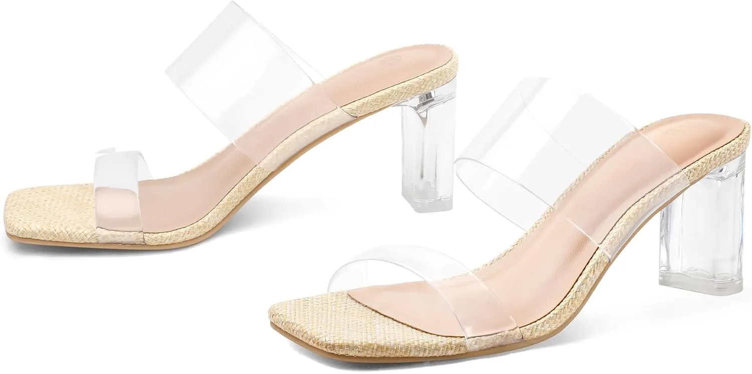 mysoft Clear Heels for Women Transparent Two Strap Block Chunky Square Heel Sandals Open Toe Slip On Sandals