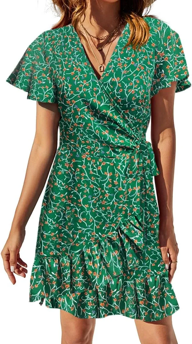 Naggoo Women's Summer Wrap V Neck Polka Dot Print Ruffle Short Sleeve Mini Floral Dress with Belt