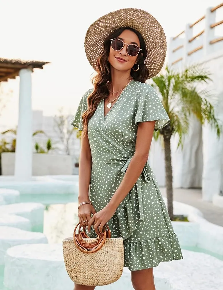 Naggoo Women's Summer Wrap V Neck Polka Dot Print Ruffle Short Sleeve Mini Floral Dress with Belt