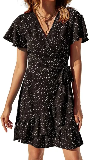 Naggoo Women's Summer Wrap V Neck Polka Dot Print Ruffle Short Sleeve Mini Floral Dress with Belt