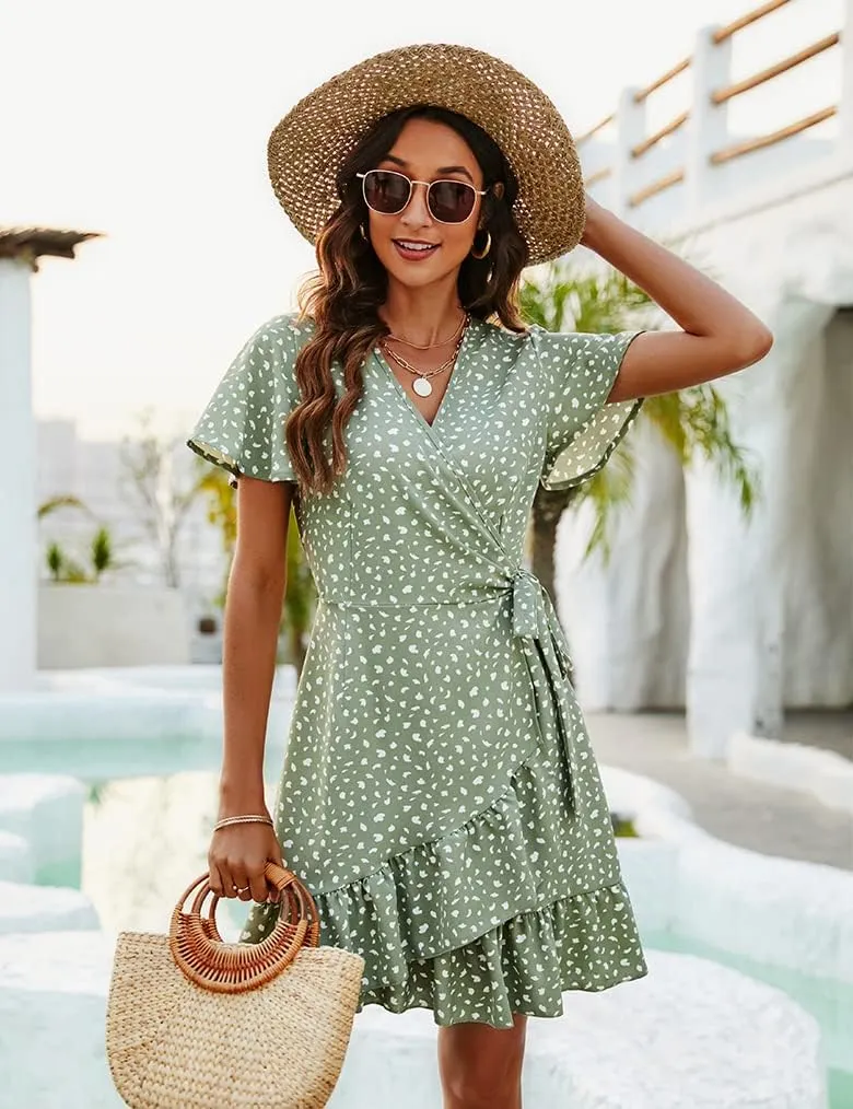Naggoo Women's Summer Wrap V Neck Polka Dot Print Ruffle Short Sleeve Mini Floral Dress with Belt