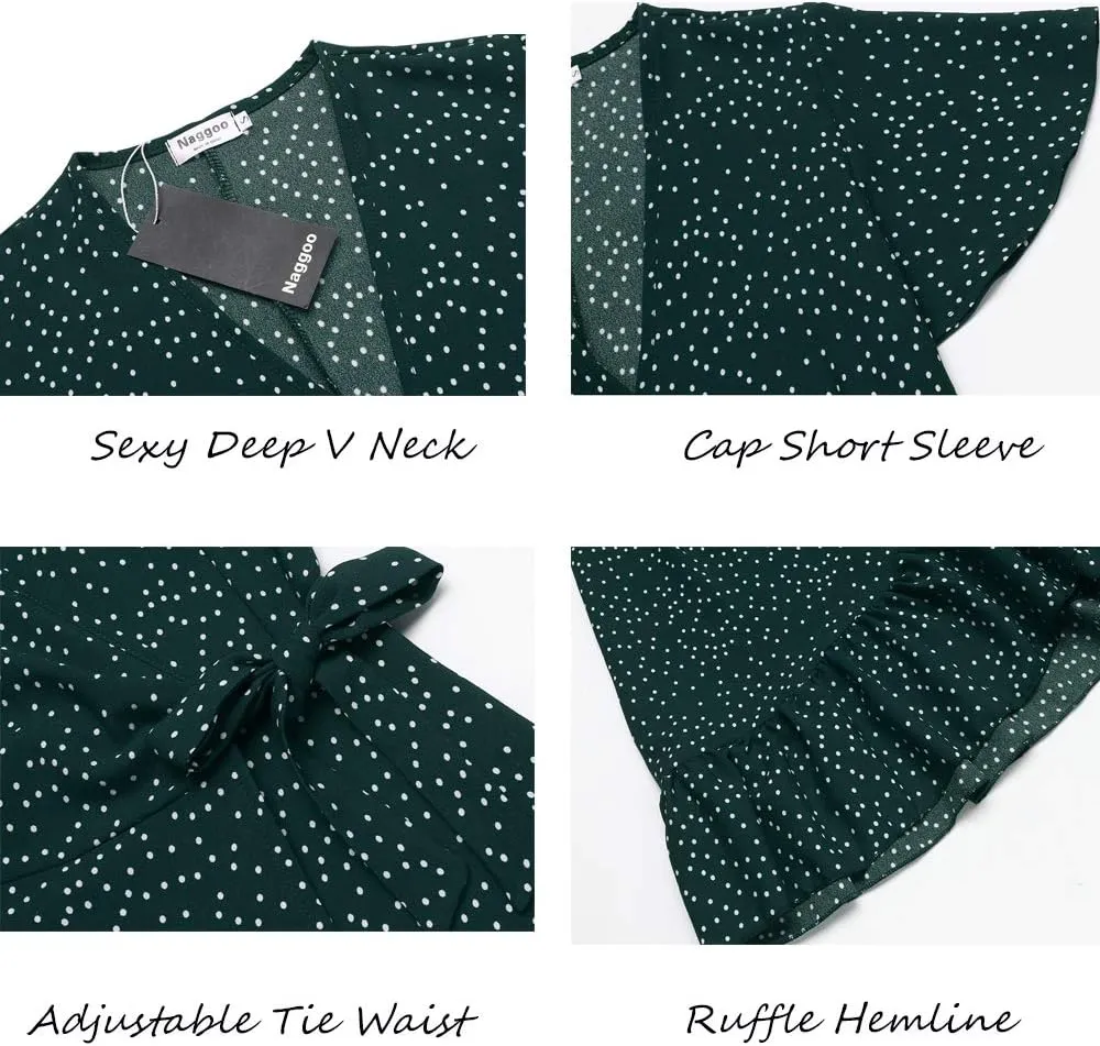 Naggoo Women's Summer Wrap V Neck Polka Dot Print Ruffle Short Sleeve Mini Floral Dress with Belt