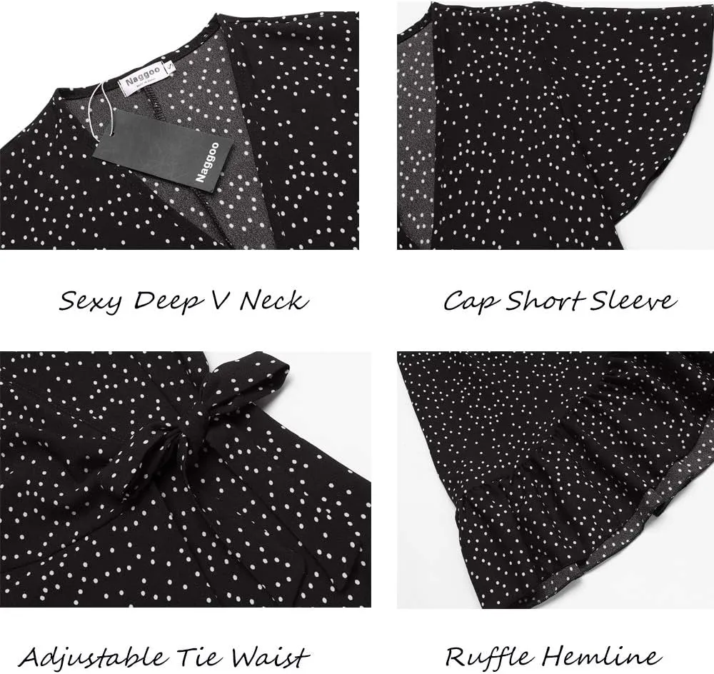 Naggoo Women's Summer Wrap V Neck Polka Dot Print Ruffle Short Sleeve Mini Floral Dress with Belt