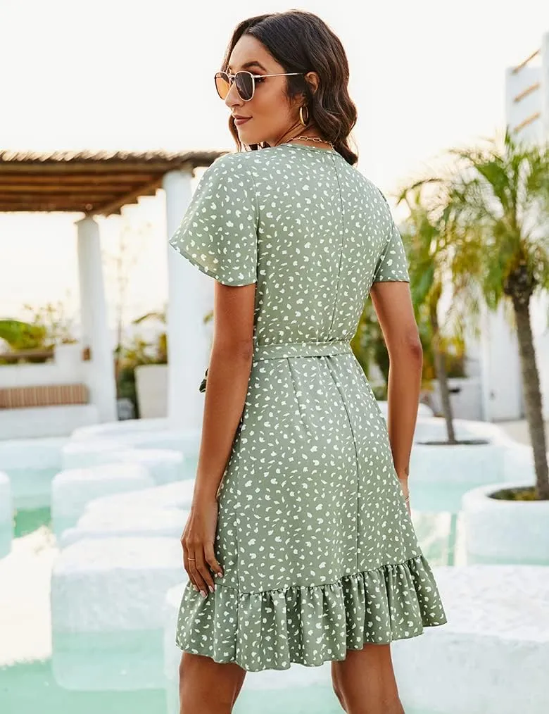 Naggoo Women's Summer Wrap V Neck Polka Dot Print Ruffle Short Sleeve Mini Floral Dress with Belt