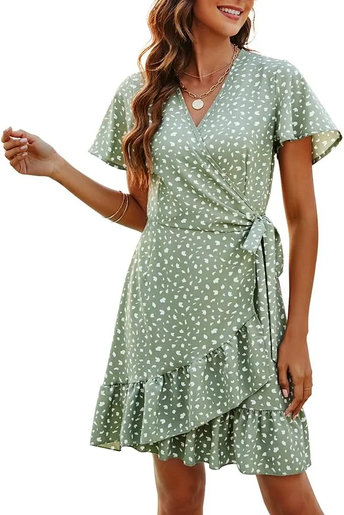 Naggoo Women's Summer Wrap V Neck Polka Dot Print Ruffle Short Sleeve Mini Floral Dress with Belt