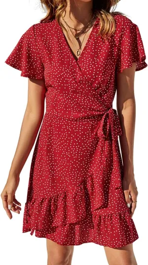 Naggoo Women's Summer Wrap V Neck Polka Dot Print Ruffle Short Sleeve Mini Floral Dress with Belt
