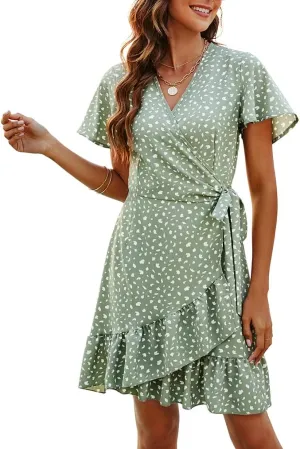 Naggoo Women's Summer Wrap V Neck Polka Dot Print Ruffle Short Sleeve Mini Floral Dress with Belt
