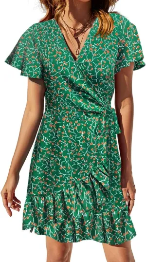 Naggoo Women's Summer Wrap V Neck Polka Dot Print Ruffle Short Sleeve Mini Floral Dress with Belt