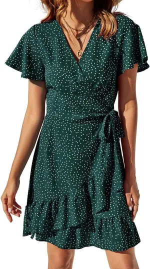 Naggoo Women's Summer Wrap V Neck Polka Dot Print Ruffle Short Sleeve Mini Floral Dress with Belt