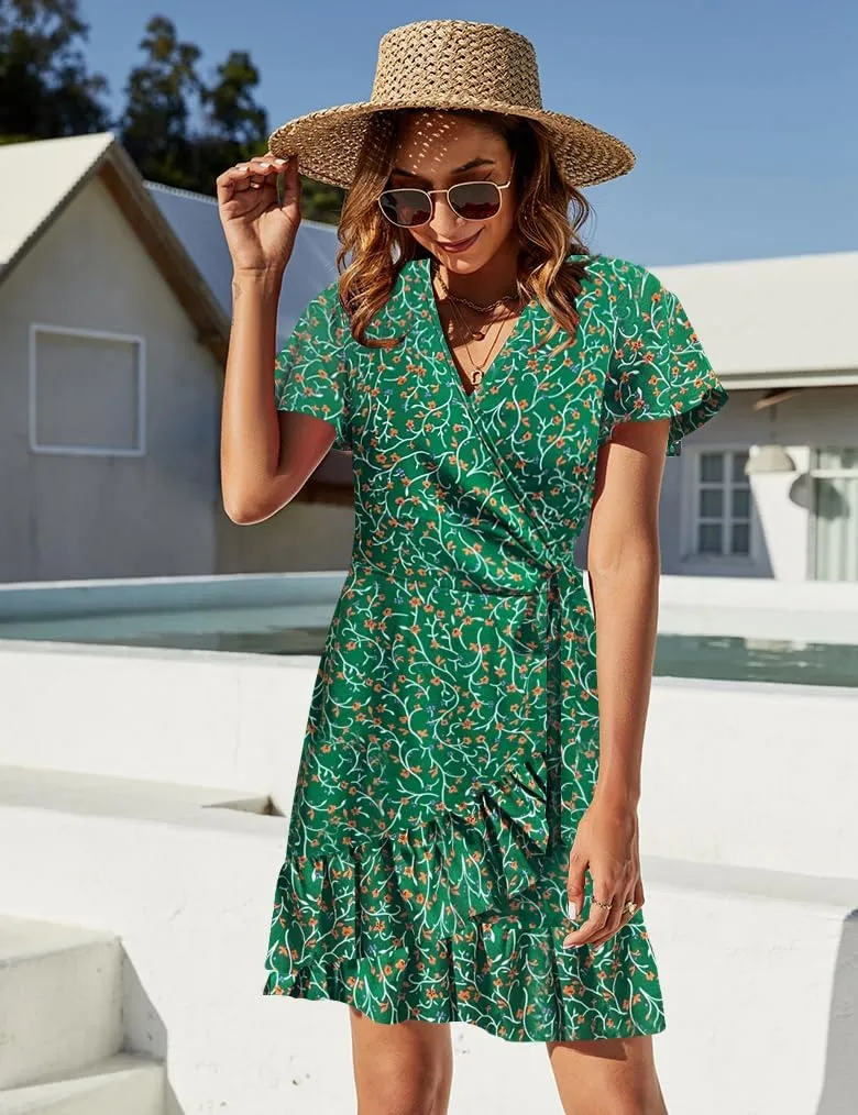 Naggoo Women's Summer Wrap V Neck Polka Dot Print Ruffle Short Sleeve Mini Floral Dress with Belt
