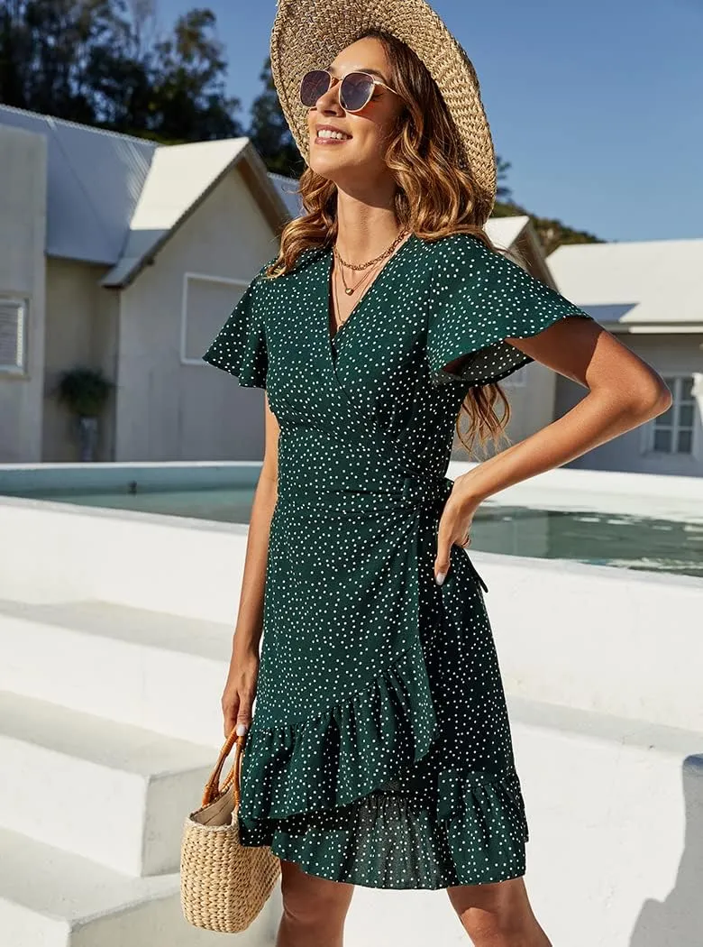 Naggoo Women's Summer Wrap V Neck Polka Dot Print Ruffle Short Sleeve Mini Floral Dress with Belt